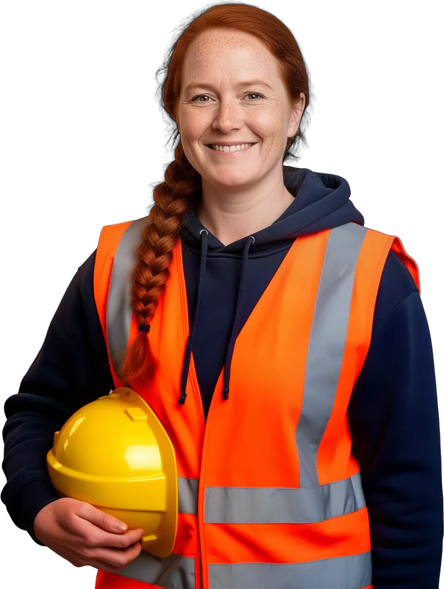 Smiling red-haired woman with a long braid in an orange high-visibility vest holding a yellow hard hat