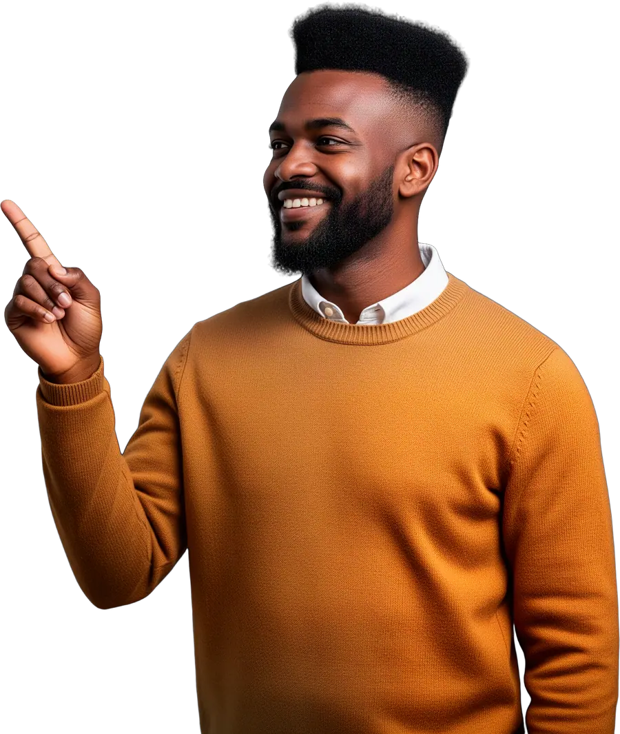 Smiling bearded man in a mustard sweater over a white collar pointing up and to the side