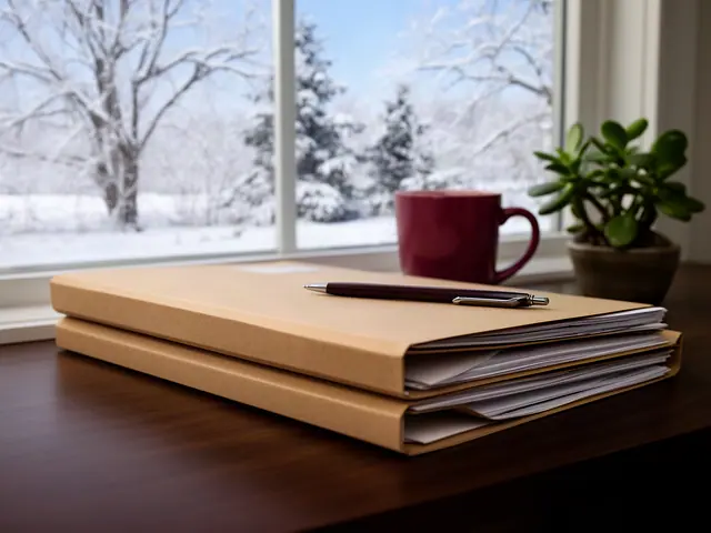 Two kraft binders with a burgundy pen on a dark desk by a window onto snowy trees