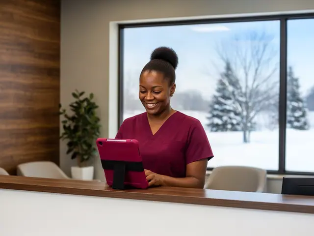 Smiling woman in burgundy scrubs using a cranberry rugged tablet on a stand at a clinic front desk