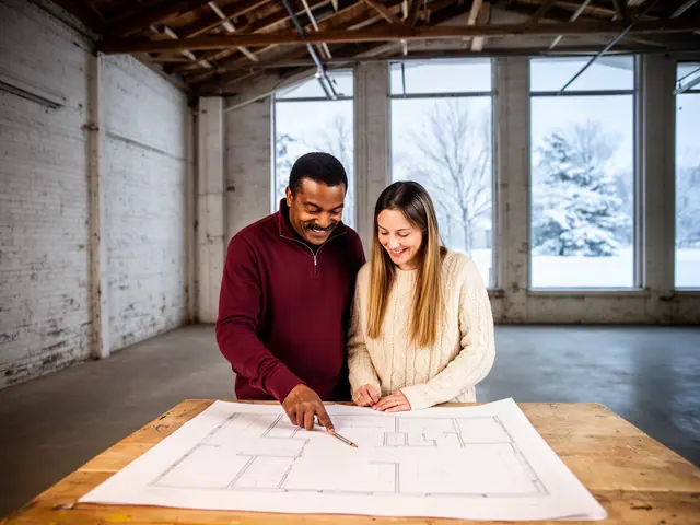 Two smiling partners reviewing a floor plan on a wooden table in an empty brick warehouse